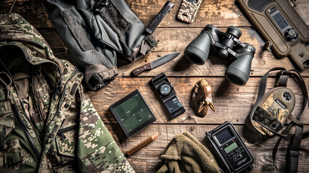 A variety of hunting gear including rifles and accessories displayed on a wooden table